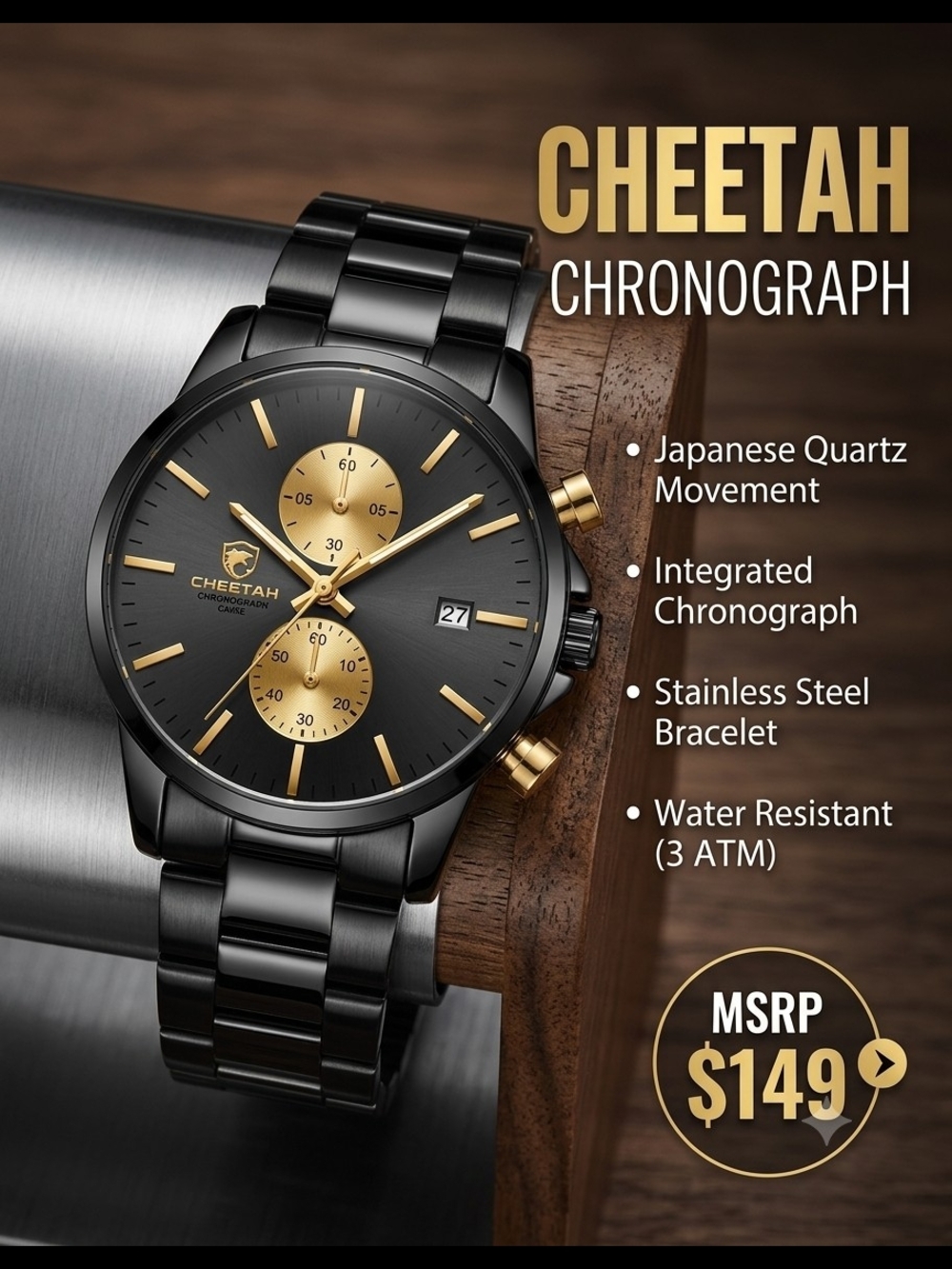 Cheetah Men's Chronograph — Jet Black with Gold Accents